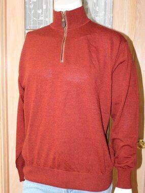 Orvis Men's L Rust Sweater Tight Knit Pullover 100% Meino Wool 1/4 zip